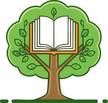 Green tree with an open book nested in its branches representing knowledge learning and nature vector