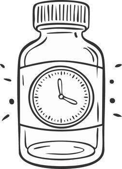 Bottle with clock face showing time in a hand drawn sketch vector
