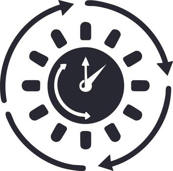 Clock icon with circular arrows symbolizing a 24 hour cycle and continuous time vector