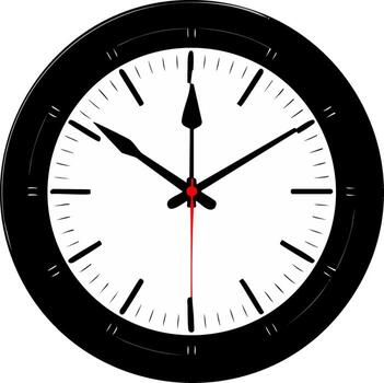 Modern black and white analog clock face showing current time with red second hand vector