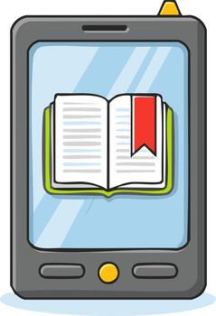 Cute cartoon e-reader displaying an open book with a red bookmark on screen vector