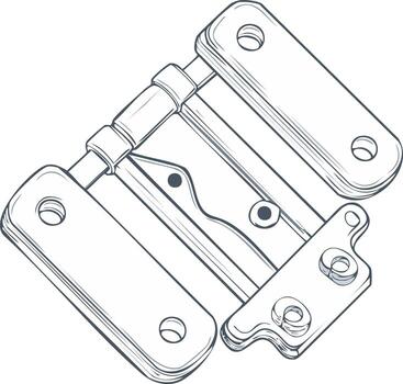 Technical line drawing of a specialized mechanical hinge with integrated latch mechanism and pivot points vector