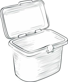 Open lunch box illustration, top view sketch with the lid opened, drawing vector