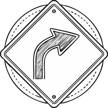 Road sign sketch design showing right turn direction in a white rounded shape with arrow icon vector