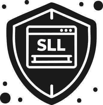 Secure socket layer SSL symbol within a security shield icon, black and white graphic vector