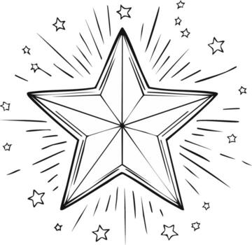 Hand drawn five pointed star with radiating lines and smaller stars sketched around it vector