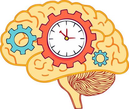 Brain with gears and clock, representing ideas, time management, and problem solving vector