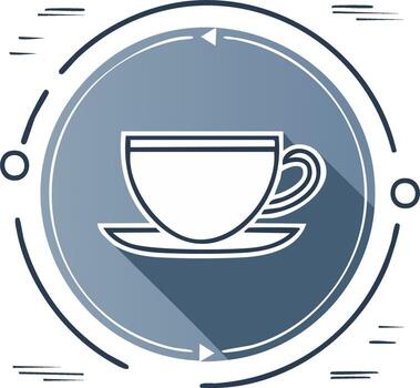 Stylized illustration of a coffee cup with a saucer inside a circle frame and geometric elements around it vector