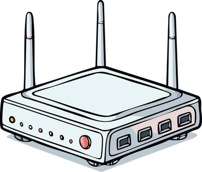 Hand drawn cartoon style internet WiFi router with multiple antennas and indicator lights vector