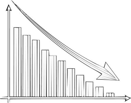 Bar chart showing a steep downward trend with a large arrow indicating decline vector