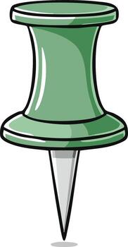 Close up of an green push pin with black outline and shadows on a white background office stationery vector