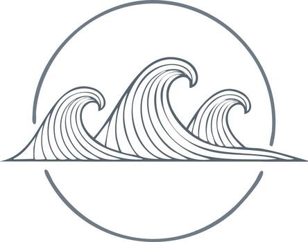 Stylized graphic of three crashing ocean waves contained within a circular outline vector