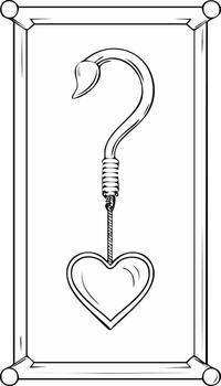 Framed Question Hook Holds Heart Icon Symbolizing Love Queries or Romantic Dilemmas with Artistic Line-Drawing Simplicity vector