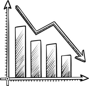 Falling trend sketch of business finance graph with bar charts and arrow vector