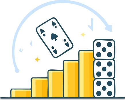 Ace of Spades playing card, stacked dice, and ascending bar graph symbolizing chance, strategy, and business growth vector