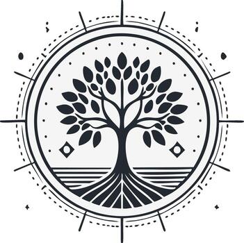 Illustration of a tree with roots and leaves, inside a circle with compass design vector