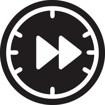 Simple black and white fast forward clock icon representing time management and efficiency vector