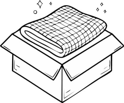 Illustration of a folded checkered blanket sitting on an open cardboard box with sparkles around it, line art style vector