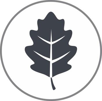 Simple oak tree leaf silhouette in a round gray frame representing natural elements and ecology vector