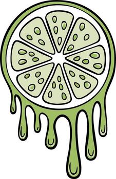 Lime slice with juice drops graphic, citrus fruit with dripping juice. Simple outline illustration vector