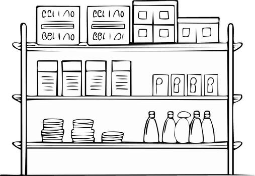 Sketch of Pantry Shelves with Boxes, Bottles and Plates Outline Style vector