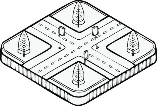 Isometric Road Intersection with Trees and Signs in Sketch Style vector