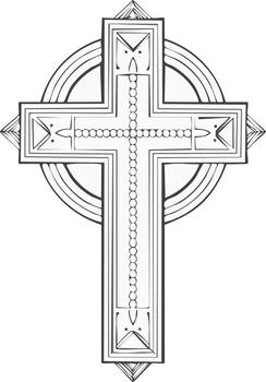 Ornate Celtic cross religious symbol with intricate patterns in black and white line art vector