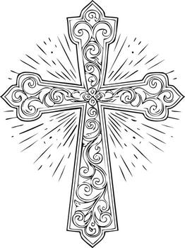 Ornate Christian cross with swirling pattern and light rays for religious themed graphics and designs vector