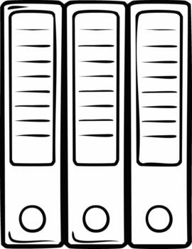 Tres oficina anillo aglutinantes estar lado por lado, forrado arriba para organización y documento almacenamiento en un negro y blanco contorno dibujo vector