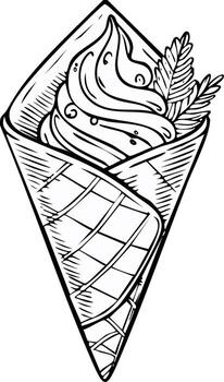 Stylized Ice Cream Cone with Swirled Topping and Leaf Garnish Sketch vector