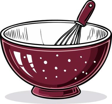 Illustration of a maroon mixing bowl with polka dots and a wire whisk for culinary use vector