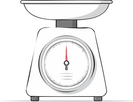 Retro kitchen scale with round dial and red pointer, measuring weight vector