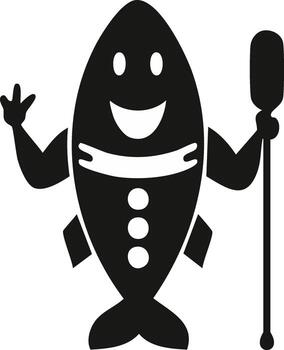 Cartoon fish character waving hello and holding a paddle with a happy expression vector