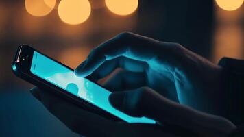 punto dito su schermo Telefono , persona analisi test Messaggio, toccare blu schermo su smartphone. notte bokeh luce. avvicinamento. persona utilizzando nel mani mobile Telefono vicino su nel il scuro. in linea Wi-Fi video