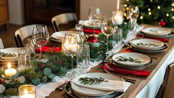 tabell eras för jul middag i rum, stänga upp se. bokeh ljus mjuk effekt. tabell miljö för Semester middag. festlig mysigt rum bakgrund med jul träd. fortfarande liv, tabell uppsättning video