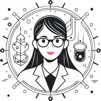 Scientist wearing glasses and lab coat in a circular frame with scientific elements vector
