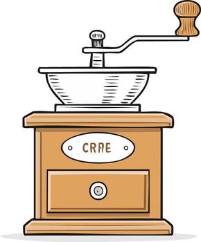 Hand-Operated Grinder with Wood Frame and Round Handle for Grain or Spices Preparation vector