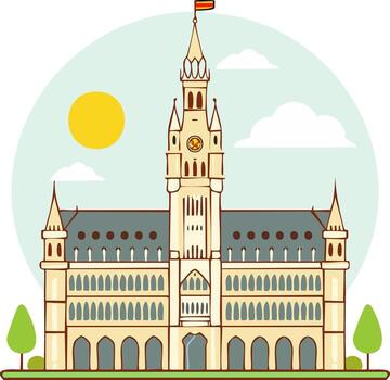 Illustration of a European-style building with a prominent clock tower, trees, sun and clouds vector