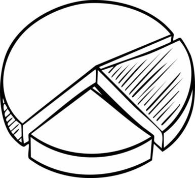 Drawn pie chart graphic illustration, three dimensional, filled segments, outline style vector