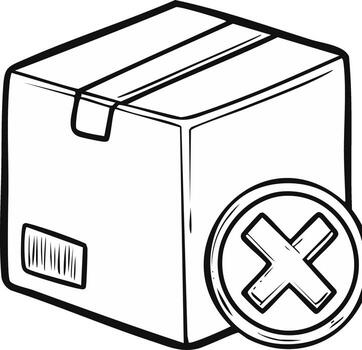 Hand-drawn style illustration of a cardboard package with an X mark indicating a failed or rejected order vector