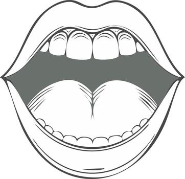 Open mouth illustration with visible teeth, tongue, and uvula in a monochrome sketch style for medical or educational use vector