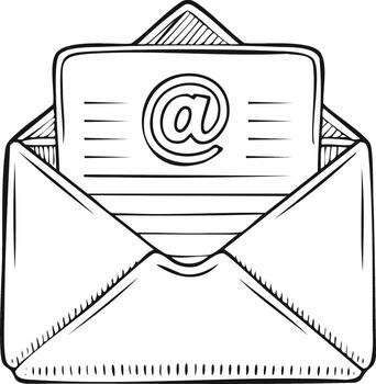 Hand drawn sketch of an open envelope with a letter containing the at symbol vector