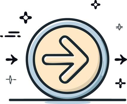 Right arrow icon within a circle symbol, multiple arrows and starburst elements vector