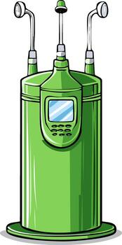 Cartoon illustration of a green futuristic machine with display screen and multiple probes vector
