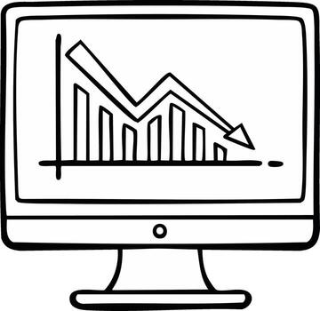 Computer display showing a downward trending graph depicting loss or decline in business or finance hand drawn vector