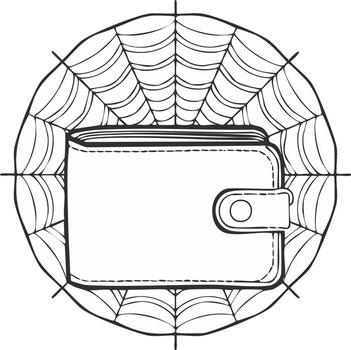 Black and white line art of wallet entangled in a spiderweb drawing vector