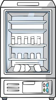 Laboratory refrigerator with shelves and various samples inside in a stylized drawing vector