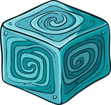 Cartoon Turquoise Cube with Spiral Pattern, Geometric Shape Art, Stylized vector