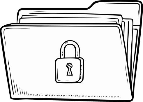 Hand-drawn illustration of a secured file folder with a padlock, concept of data protection and security vector