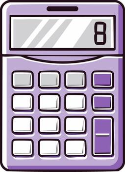 A vibrant purple cartoon calculator showing the number eight on its display for math and financial calculations vector